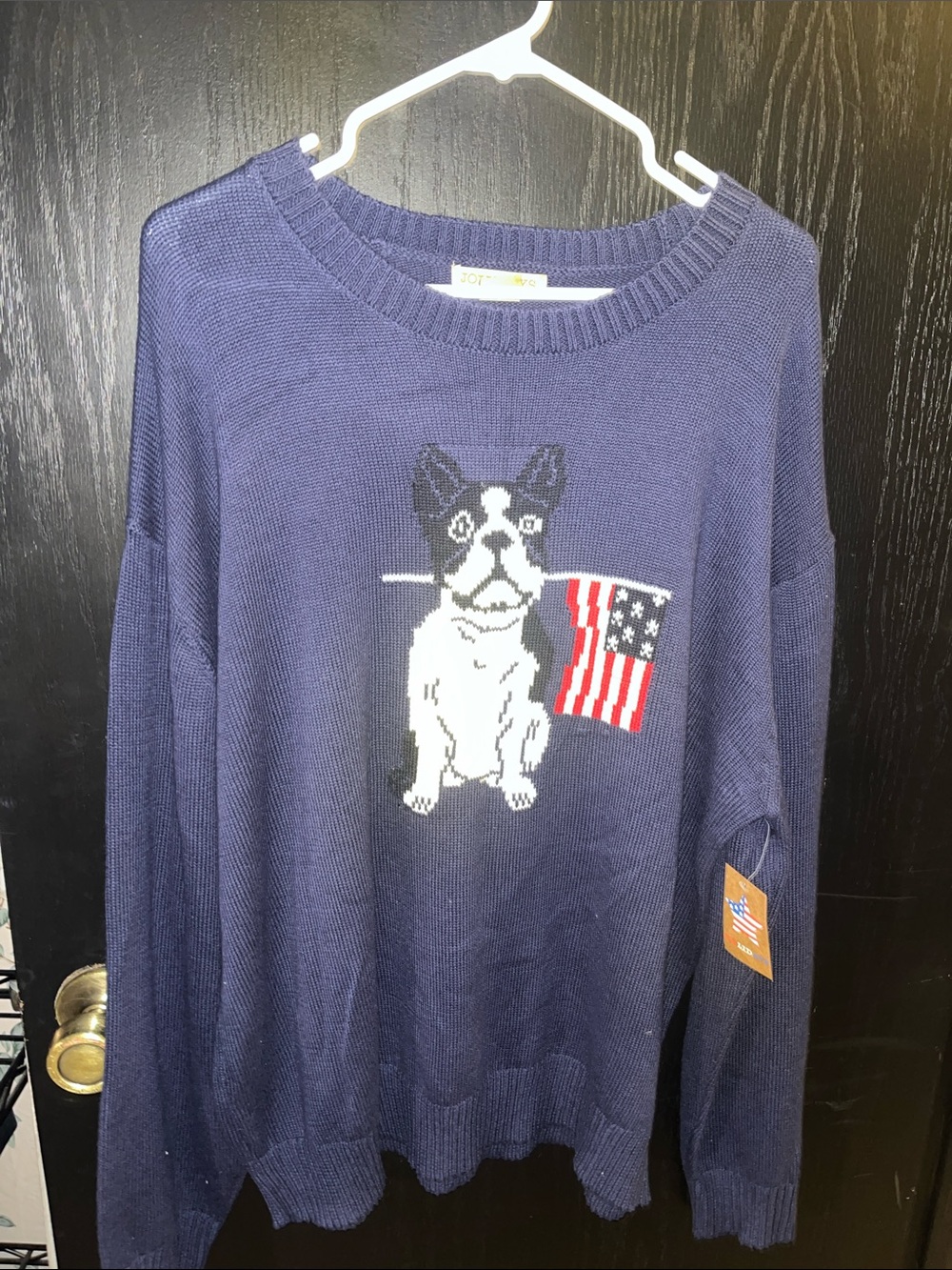 Navy Crewneck Sweater with Dog & Flag Motif